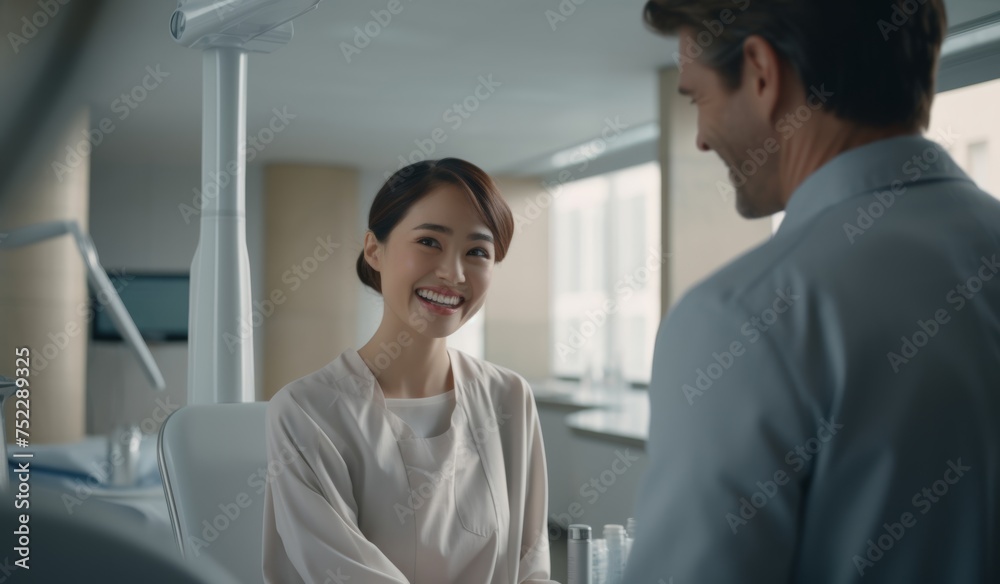 Happy woman getting dental checkup at dentistry. Dentist using dental equipment for examination of teeth of a female patient. Generative AI. Happy woman getting dental checkup at dentistry. Dentist using dental equipment for examination of teeth of a female patient. Generative AI.