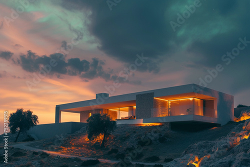 A minimalist villa with architectural outdoor lighting on a hill with a jade twilight sky