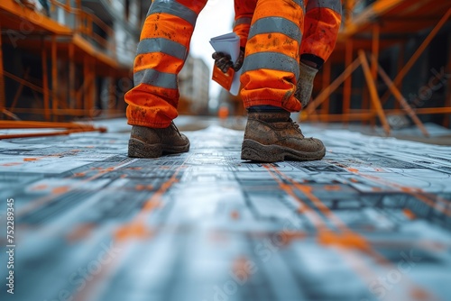 legs wearing safety shoe of the worker or engineering step on the walkway, legs of a construction worker in uniform on a construction site, tired, upset, job trouble, headache in job