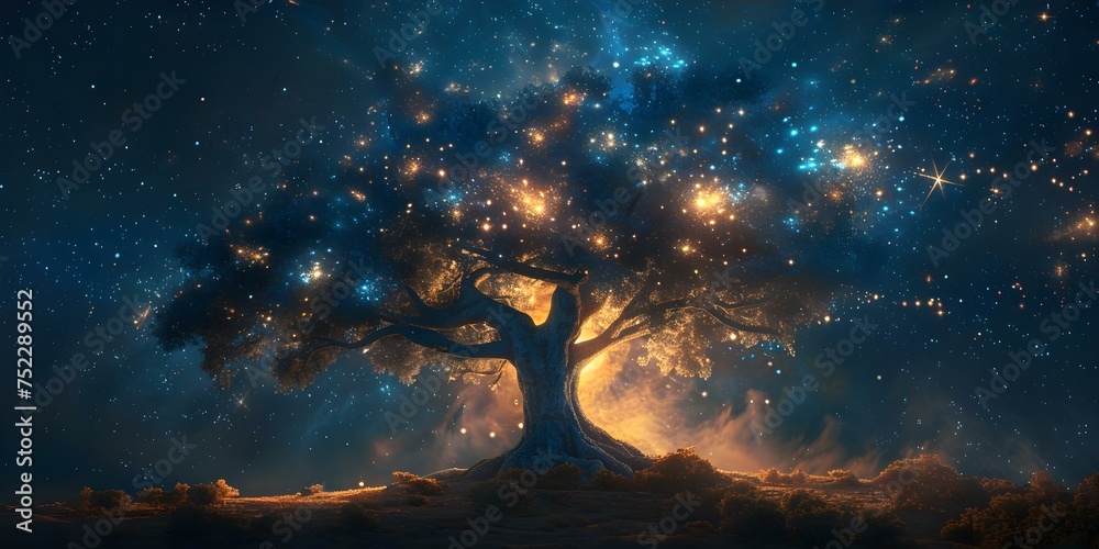 Mysterious Tree and Celestial Dance: Crafting an Ethereal Atmosphere. Concept Mysterious Tree, Celestial Dance, Ethereal Atmosphere, Nature Photography, Magical Setting - obrazy, fototapety, plakaty 