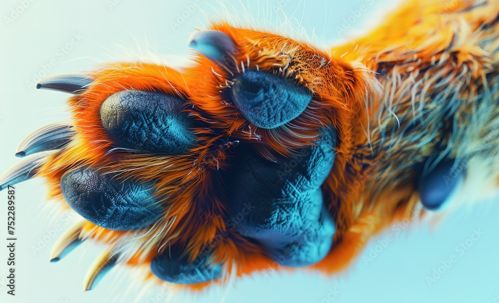 Close-up of a dog's paw, bright colors highlighting details from nails to pads, perfect for wildlife and nature themes