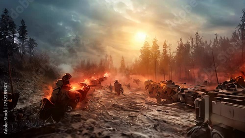 World War tanks and men fighting in the wasteland at dawn. An explosion and soldiers fighting in the battle of a world war at dawn. AI-generated. photo
