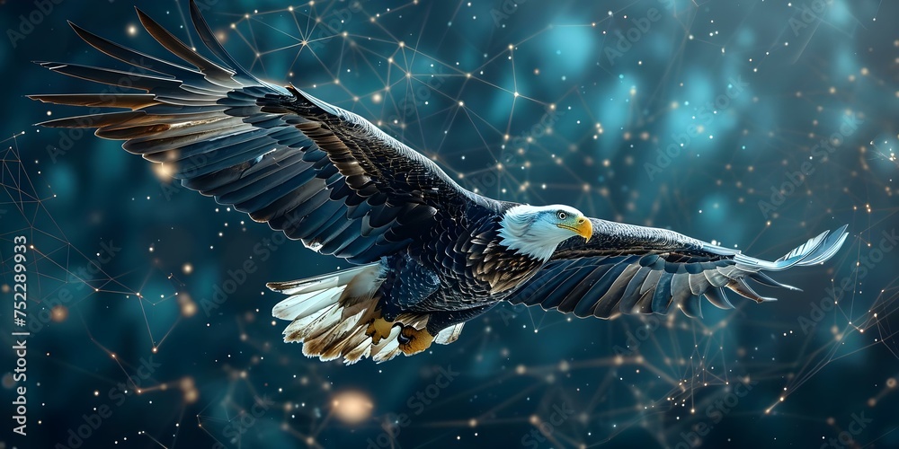 Obraz premium Majestic bald eagle soars amidst digital clouds in advanced technology concept. Concept Nature, Wildlife, Bald Eagle, Technology, Digital Clouds