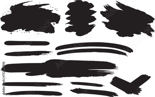 "Variegated Grunge Brush Strokes Collection on White Background. An assorted assortment of black grunge brush strokes perfect for textured designs and artistic graphics, isolated on white. Vector brus