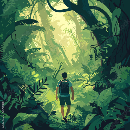 young man adventures in the deep forest
