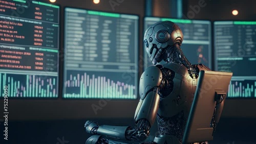 Artificial Intelligence is employed in trading on candlestick charts, on a computer's display. AI trading bot concept of predictive algorithms and machine learning to trade shares on stock markets photo