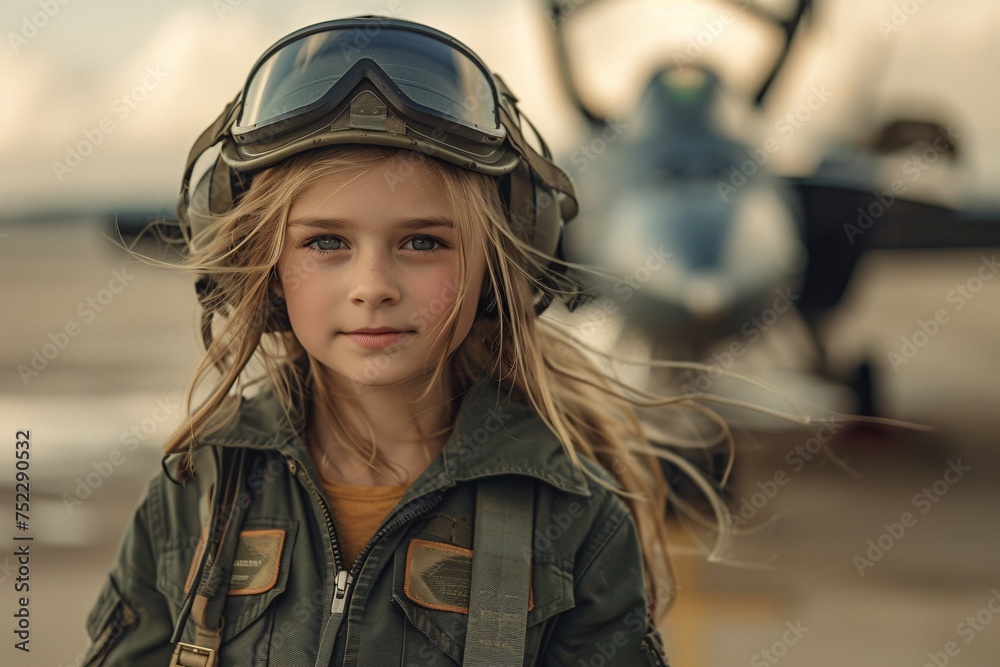 A young girl dressed in pilot attire stands confidently with a helicopter in the background A young girl dressed in pilot attire stands confidently with a helicopter in the background
