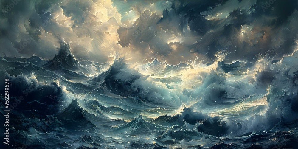 Powerful sea waves collide with jagged rocks in a stormy oil painting. Concept Oil painting, stormy seascape, powerful waves, jagged rocks, dramatic atmosphere
