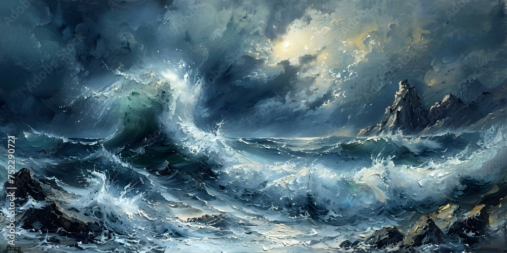 Stormy Oil Painting Captures the Force of Colliding Sea Waves and Rocks. Concept Sea Waves, Rocks, Stormy Weather, Oil Painting, Forceful Capture