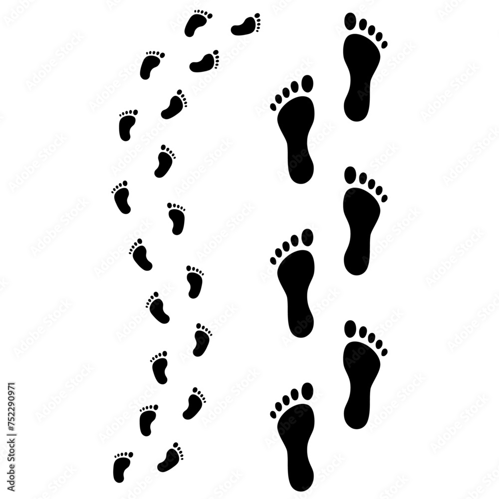 Human step footprints paths. Step by step vector isolated on white background. Trace of adults and children's footprints of barefoot person. Road of human feet. Human step footprints paths. Step by step vector isolated on white background. Trace of adults and children's footprints of barefoot person. Road of human feet.