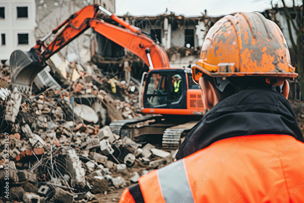 Demolition man. Worker foreman inspector builder at demolition building ...
