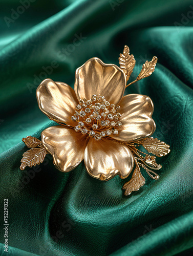 a gold flower on a green fabric