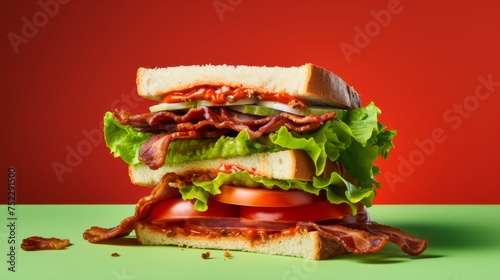 A delicious bacon, lettuce, and tomato sandwich on a vibrant green surface ©  Creative_studio