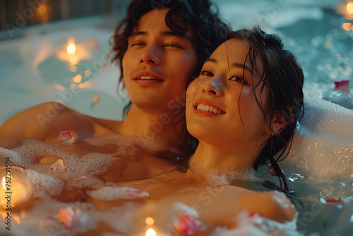 Asian couple togetherness happy time in swimming pool at night time  Generative Ai
