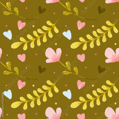 Seamless watercolor pattern with green leaves and pink flowers, pink and blue hearts on a green background. Botanical flat style print for wrapping paper or fabric.