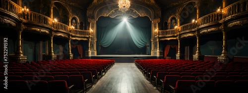 A nostalgic glimpse into an empty theater space, with vintage decor and classic architecture framing the vacant stage background