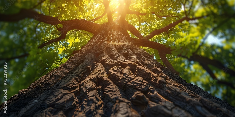 Naklejka premium Majestic Tree Thriving in Sunlight with Abundant Foliage. Concept Tree Photography, Sunlit Scenery, Nature Portraits, Green Foliage, Majestic Landscapes