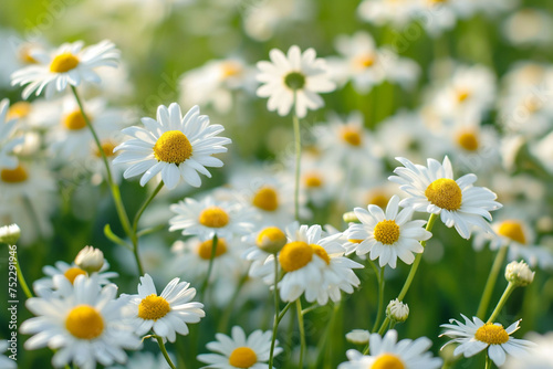 A field of chamomile or daisy flowers  with white petals and yellow centers  creates a serene and natural setting. Perfect for wellness themes and herbal product imagery