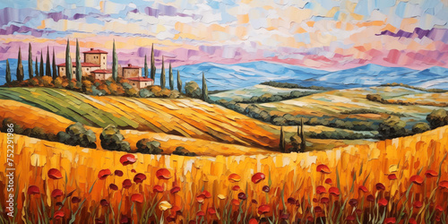 tuscan countryside landscape with bright colors, oil on canvas
