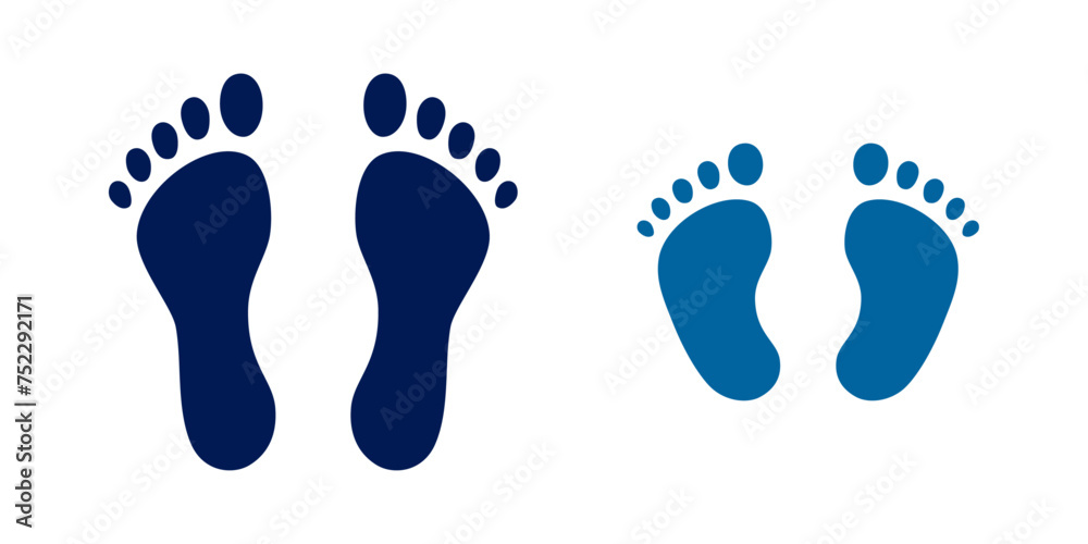 Human step footprints vector isolated set on white background. Children's and adults footprints of barefoot person. Human feet.