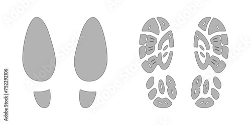 Human step footprints vector isolated set on white background. Female and male foot prints of person in boots. Human feet.
