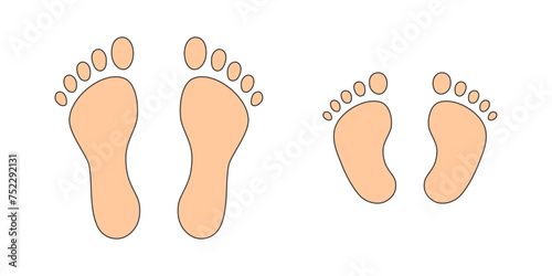 Human step footprints vector isolated set on white background. Children's and adults footprints of barefoot person. Human feet.