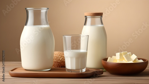 Glass of milk on bright background.