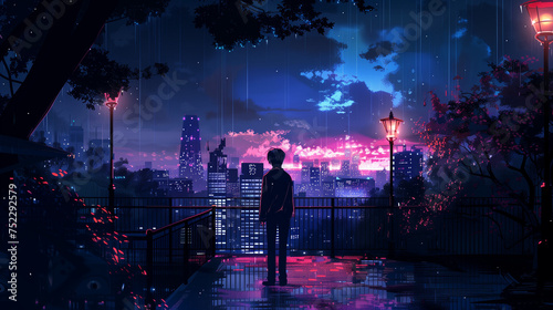 Anime cityscape at night: A moody 4K wallpaper of a cute boy embracing the urban night, person in the night