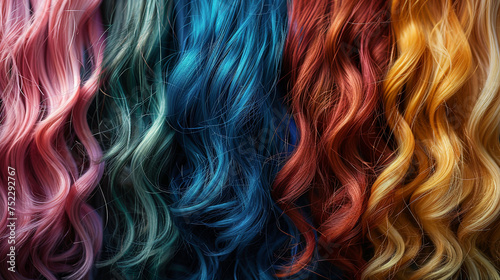 A vibrant display of various hair colors lined up in a row, showcasing a diverse range of shades from bold blues to natural browns photo
