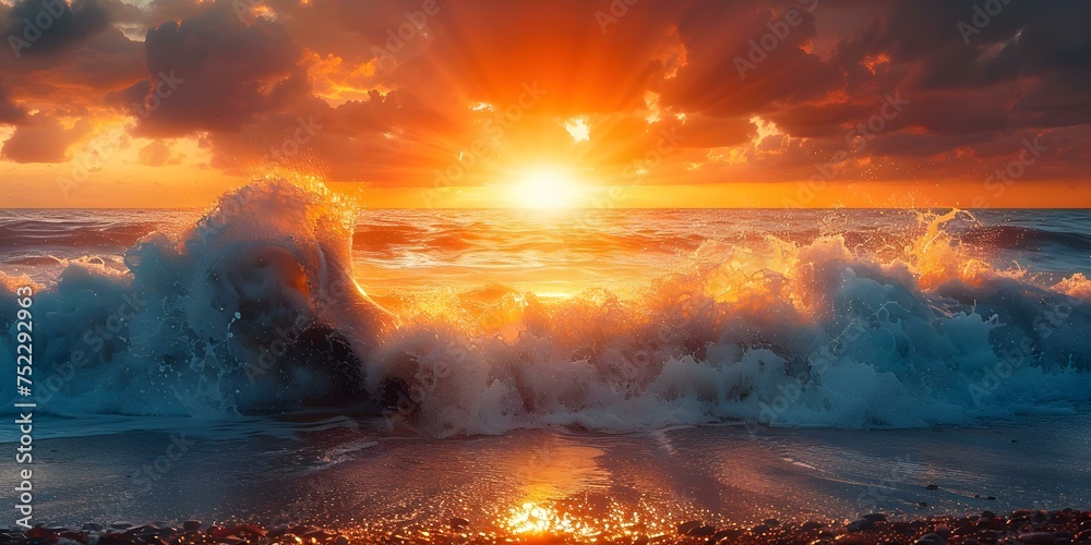 Golden Sunset: Powerful Ocean Wave Crashing Against Dark Rocks on the Beach. Concept Sunset Photography, Ocean Waves, Dramatic Landscapes, Golden Hour, Coastal Scenes