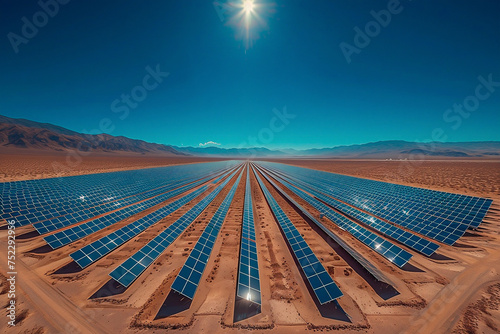 Photovoltaic solar farm stretching across acres of barren desert terrain, demonstrating the transformation of sunlight into renewable electricity on a large scale photo