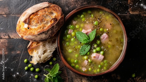 Warm Pea Soup with Ham Pieces and Toast