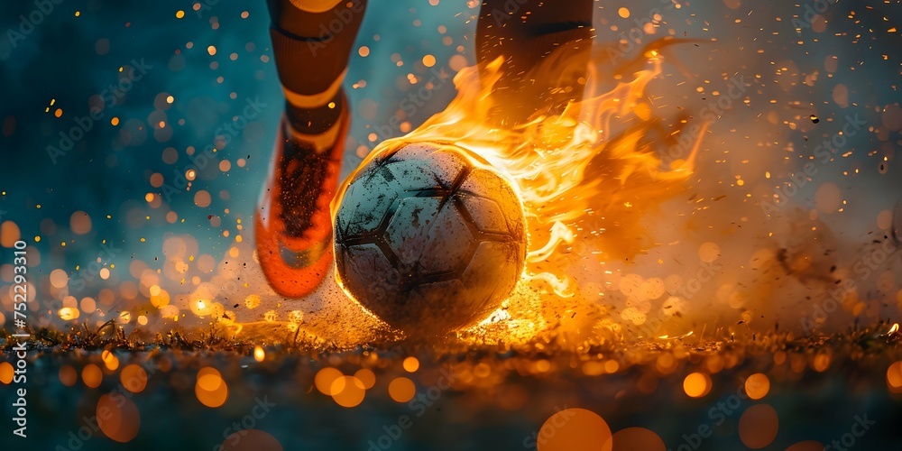 Close up of football or soccer player legs, running fast and kicking a burning ball in the flames. Concept of 2024 UEFA European Football Championship in Germany wide banner with copy space. - obrazy, fototapety, plakaty 