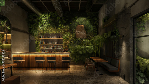 Bar interior design with wooden floor and wooden walls