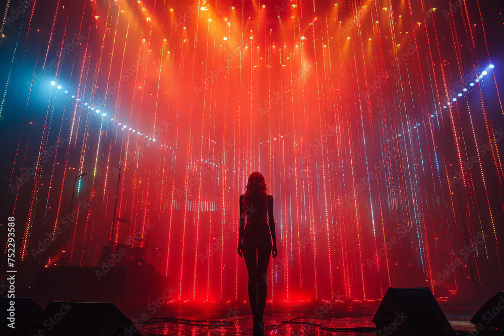 A woman standing confidently in front of a brightly lit stage with various colorful lights shining on her