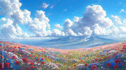 lush field of colorful flowers stretching towards a towering mountain in the distant background