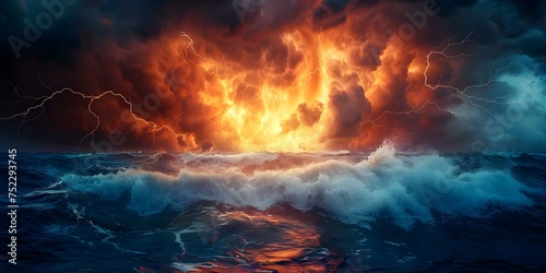 Dramatic clash between raging fireball, lightning storm, and churning ocean waves. Concept Fantasy Battle, Elemental Forces, Dramatic Scenery, Epic Showdown, Nature Power