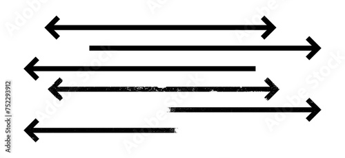 Set of thin black arrows pointing right left long, straight-line with grunge texture. Graphic illustration for direction symbols, up and down signs. Vector horizontal arrow variations. photo