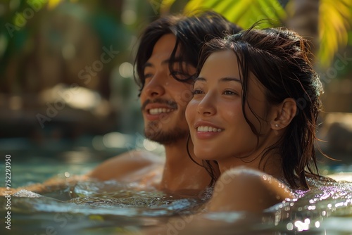 Asian couple togetherness happy time in swimming pool at night time, Generative Ai