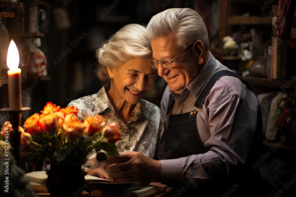 Smiling senior couple reading books together