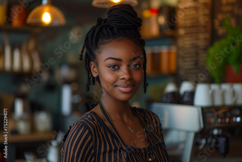 Beautiful Smiling female Barista in black apron looking ready and confident. Young girl employee open Coffee shop, Bakery Greeting customers. Sales Woman running store