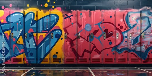 school locker painted in graffiti style  grungy and messy  abstract background with bright color  Generative Ai