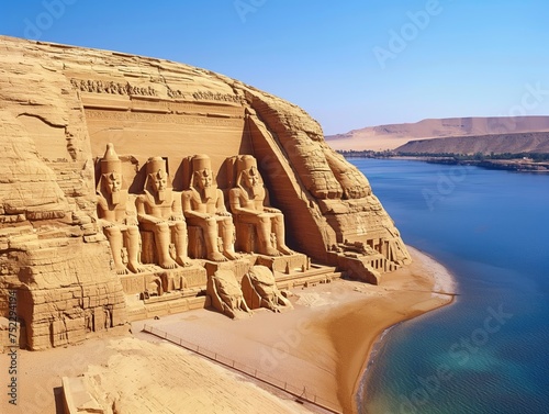 Exterior view of the grand Abu Simbel temples with colossal statues under a clear blue sky.