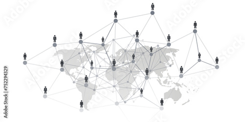 Black and White Networks, Business or Social Media Connections Concept Design with World Map and Polygonal Mesh on Isolated White Background - Business Men Figures Connected with Polygonal Mesh