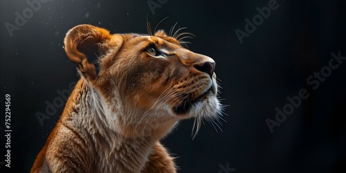 The title remains the same: "A powerful lioness exudes elegance against a dark background in isolation". Concept "A powerful lioness exudes elegance against a dark background in isolation" © Anastasiia