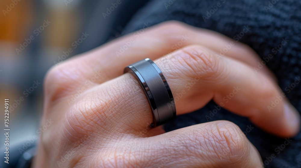A mans hand is shown with a focus on a sleek smart ring worn on the finger, indicating wearable technology.