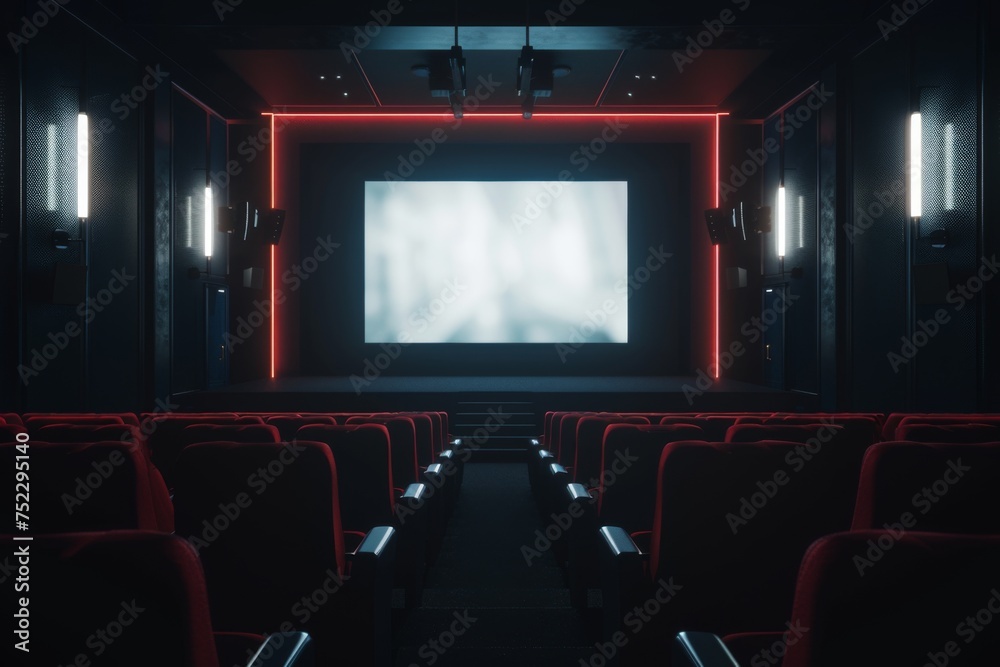 Modern cinema hall interior with blank screen and red seats