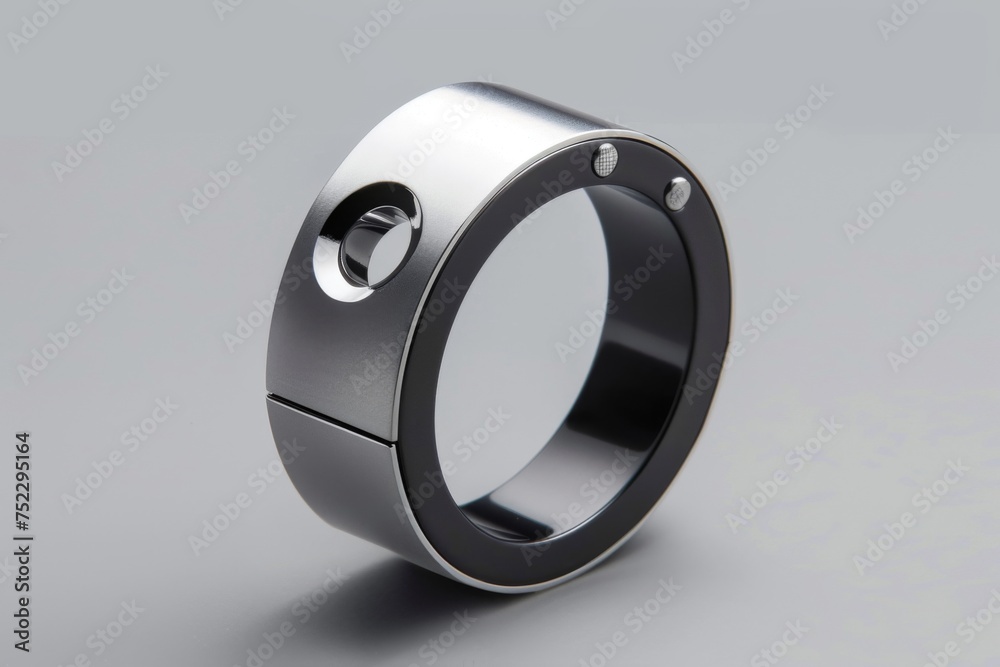 A sleek black smart ring featuring a luminescent red and blue light design is showcased against a dark backdrop, highlighting its modern aesthetic. A sleek black smart ring featuring a luminescent red and blue light design is showcased against a dark backdrop, highlighting its modern aesthetic.