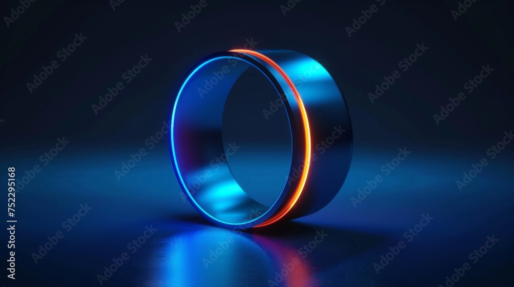 A sleek black smart ring featuring a luminescent red and blue light design is showcased against a dark backdrop, highlighting its modern aesthetic. A sleek black smart ring featuring a luminescent red and blue light design is showcased against a dark backdrop, highlighting its modern aesthetic.