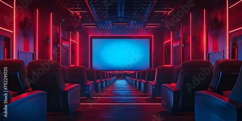 A spacious cinema hall with vibrant red seats and neon lighting, featuring a large blank screen ready for a movie projection.